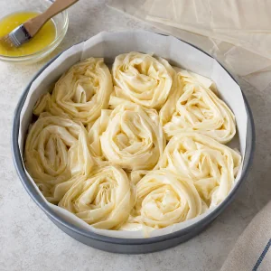Rosetas sueltas de pasta filo colocadas en el molde