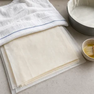 Hojas de pasta filo cubiertas con papel y un paño húmedo
