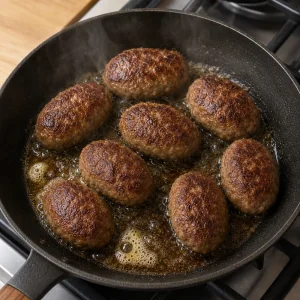 Beef kotleti frying in a skillet until deeply browned