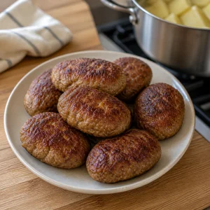 Cooked beef kotleti resting on a warm plate
