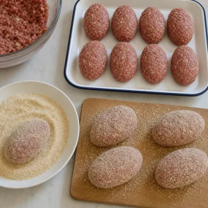 Oval beef patties being coated in fine breadcrumbs