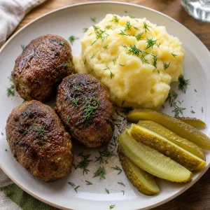 Pan-fried beef kotleti with mashed potatoes, dill, and pickles