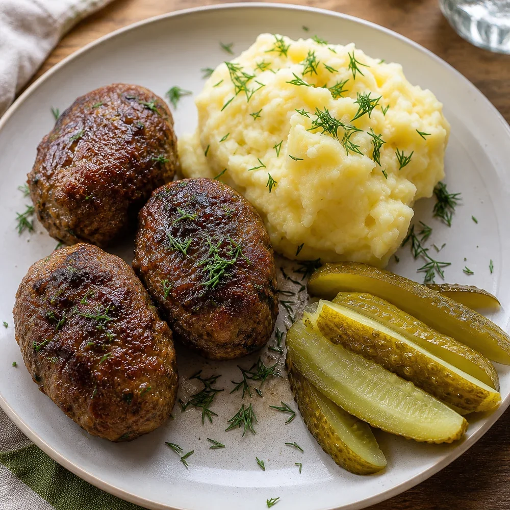Pan-fried beef kotleti with mashed potatoes, dill, and pickles