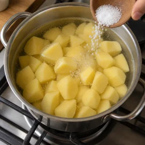 Peeled potato chunks in water with salt being added