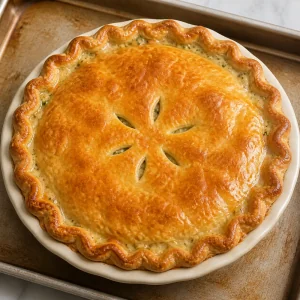 Baked chicken pot pie with a glossy golden crust