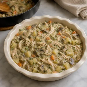 Creamy chicken filling with potatoes, mushrooms, carrots, and dill
