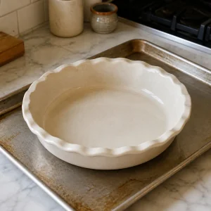 Deep baking dish set on a rimmed sheet pan