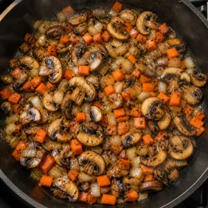 Mushrooms, onion, and carrots browning in a skillet