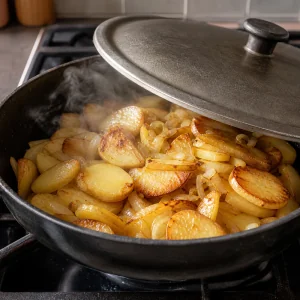 Una padella coperta in modo leggero cuoce le patate finché sono tenere