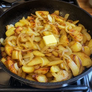 Patate che si dorano con cipolla affettata e burro in padella