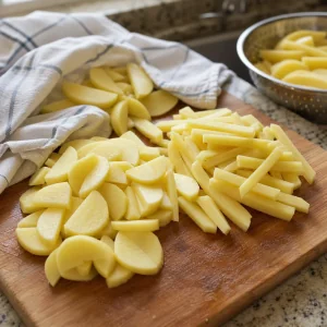 Patate tagliate che si asciugano su un canovaccio prima della frittura