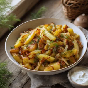 Batatas fritas prontas com cebola e endro ao lado de creme azedo