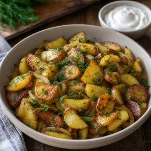 Patate fritte finite con aneto e servite con panna acida