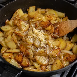 Aglio, sale e pepe aggiunti alle patate fritte con cipolla