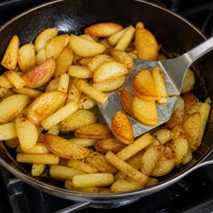 Fette di patata dorate girate con una spatola