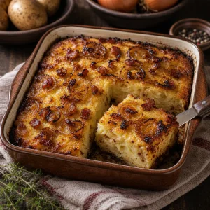 Une part carree coupee dans la babka de pommes de terre reposee