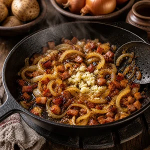Lardons, oignons caramelises et ail cuisent dans une poele
