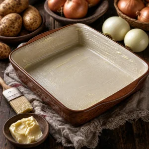 Plat en ceramique beurre avec pommes de terre et oignons a cote