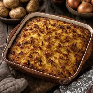 Babka de pommes de terre doree dans un plat en ceramique