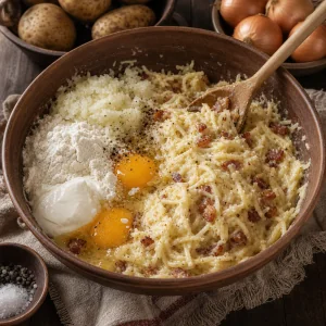 Melange de pommes de terre rapees avec lardons, oeufs, farine et creme aigre