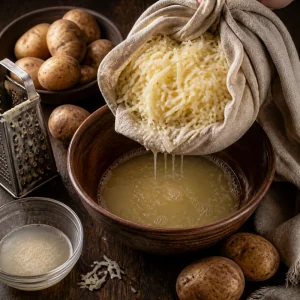 Pommes de terre rapees egouttees dans un torchon au-dessus dun bol