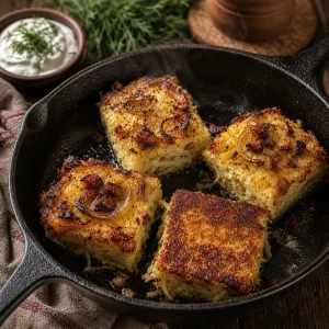 Tranches restantes de babka de pommes de terre croustillant dans une poele