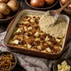 Preparation de babka de pommes de terre en couches avec oignons caramelises et beurre