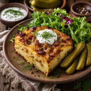 Part de babka de pommes de terre avec creme aigre, aneth, cornichons et salade