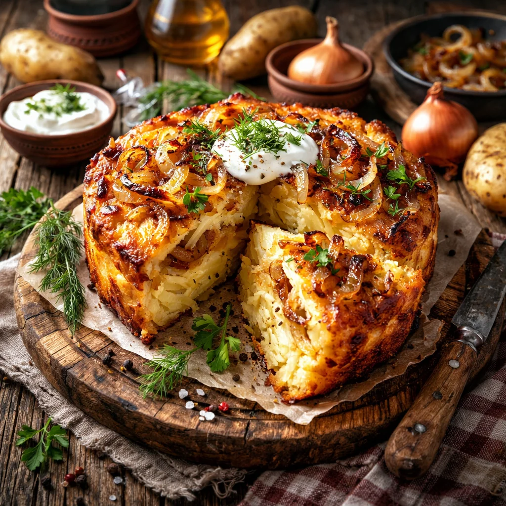 Babka rustique aux pommes de terre et oignons caramélisés