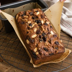 Baked fruit cake loaf cooling on parchment