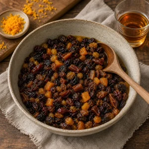 Dried fruit soaking in orange juice and rum