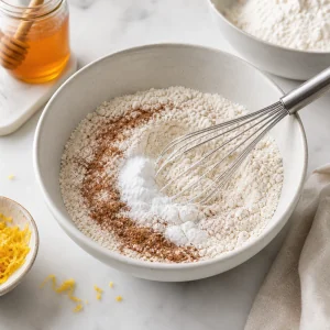 Flour and warm spices whisked in a bowl