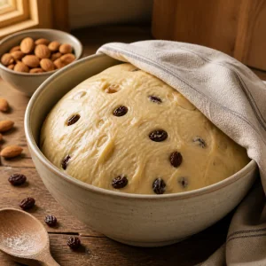 Fruit and nuts folded through thick cake batter