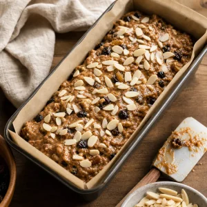 Fruit cake batter in a loaf pan topped with almonds