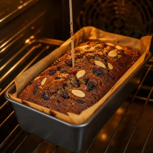 Fruit cake loaf baking in a parchment-lined pan