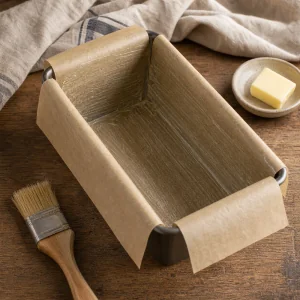 Parchment-lined loaf pan brushed with butter