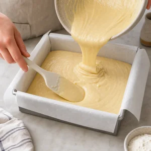 Cake batter poured into a parchment-lined square tray and smoothed
