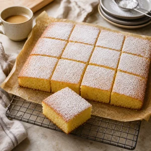 Finished rustic Italian tray cake sliced into powdered sugar squares