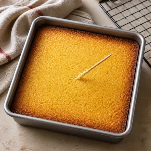 Golden baked tray cake checked with a toothpick in the center