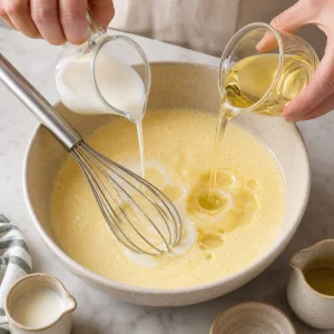 Milk and vegetable oil poured into pale egg batter for tray cake