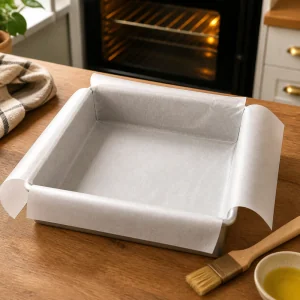 Square baking tray lined with parchment paper for rustic Italian tray cake