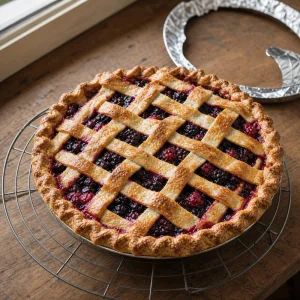Baked mixed berry lattice pie cooling on a wire rack