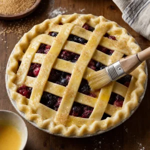 Egg wash brushed over a sugared lattice pie crust