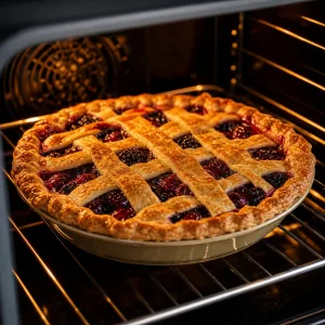 Golden mixed berry lattice pie bubbling in the oven
