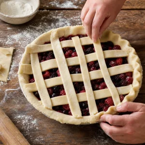 Lattice strips arranged over mixed berry pie filling
