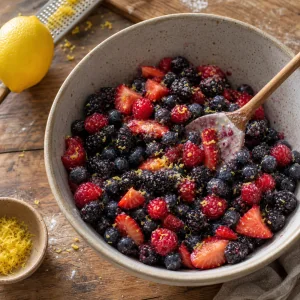 Mixed berries tossed with sugar and lemon zest