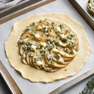 Pear slices arranged on galette dough with blue cheese and fresh thyme