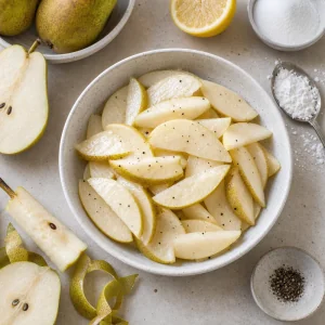 Thin pear slices tossed with lemon juice, sugar, cornstarch, and black pepper