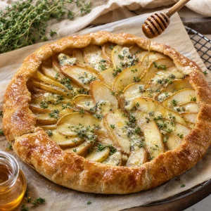 Warm pear galette finished with honey drizzle and fresh thyme