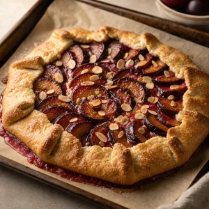Freshly baked plum galette with golden crust and bubbling juices